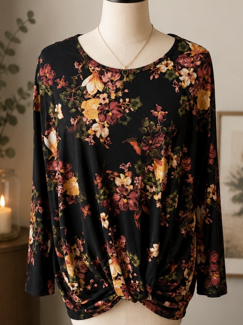 Black Floral Ruched Tunic Top | Fall Boho Blouse
